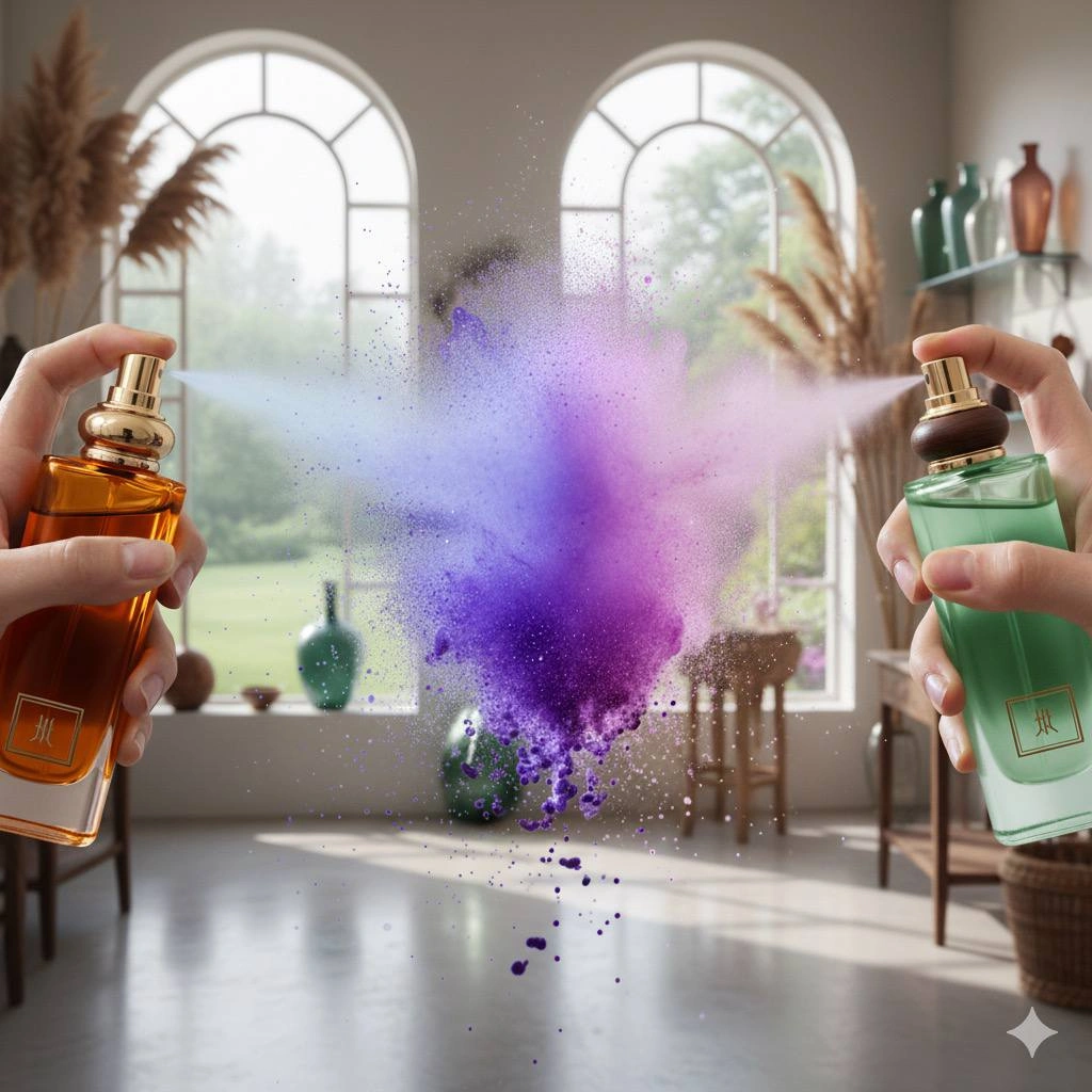 Zwei Parfums im Sprühnebel, die sich zu einer neuen Duftkomposition verbinden – Symbolbild für Parfum Layering und Duftschichtung